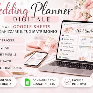 Può includere: Un modello di pianificatore di matrimoni digitale visualizzato su un laptop e uno smartphone. Lo schermo mostra un'interfaccia di pianificazione con funzioni di budget, lista degli invitati e cronologia. L'immagine include testo in italiano, una penna e fedi nuziali.