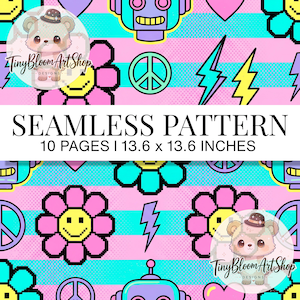 May include: A seamless pattern featuring pixel art motifs including smiling flowers, robots, peace signs, hearts, and lightning bolts on a background of horizontal pink and cyan stripes. Text reads: SEAMLESS PATTERN 10 PAGES | 34.54 x 34.54 CM.