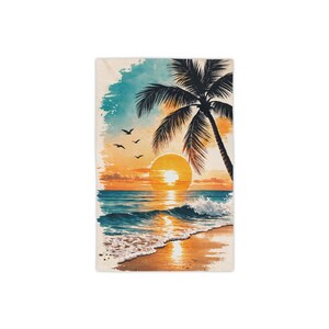 Tropischer Sonnenuntergang Palmen Strandtuch | Meereswellen, Möwen Bild 1