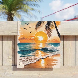 Tropischer Sonnenuntergang Palmen Strandtuch | Meereswellen, Möwen Bild 3