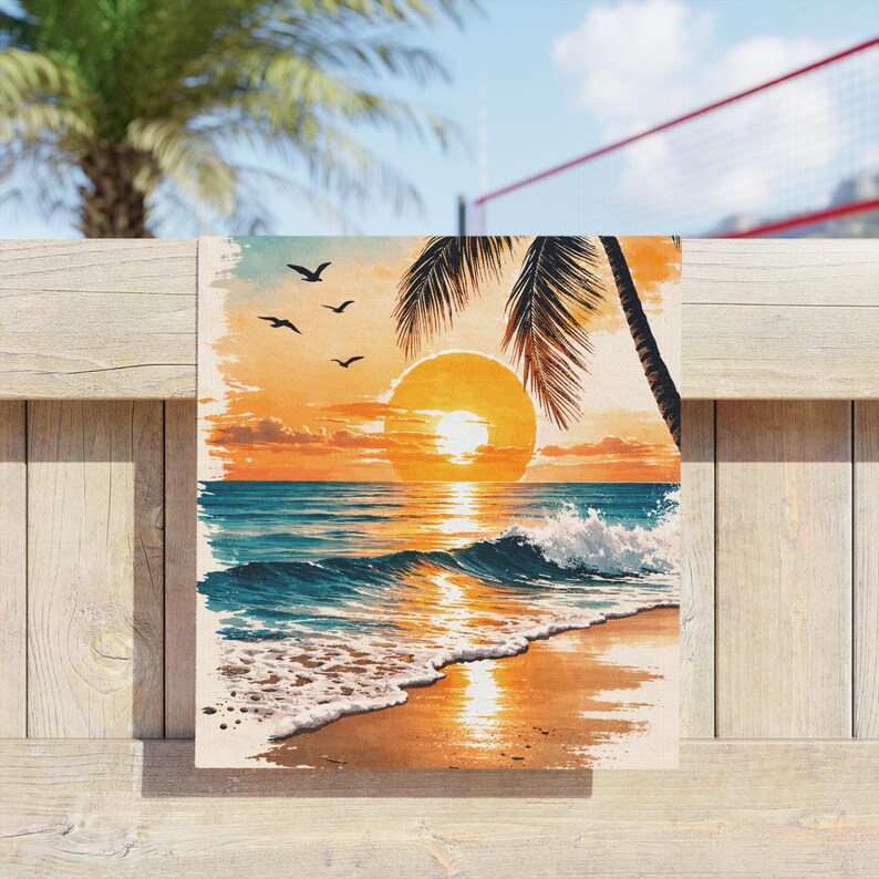 Tropischer Sonnenuntergang Palmen Strandtuch | Meereswellen, Möwen Bild 3