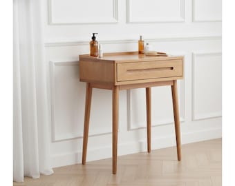 Solid Wood Vanity Desk with Drawer, Modern Oak Nightstand, Small Space Table