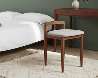 Solid Oak Wood Vanity Stool, Upholstered Cushion, Minimalist Accent Chair