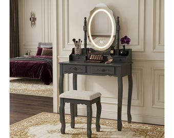 Vanity Desk with Lighted Mirror and Stool, 4 Drawer Makeup Table Storage