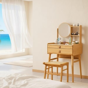 Bamboo Vanity Desk with Mirror, Modern 2-Drawer Dressing Table