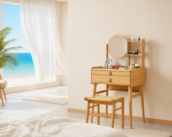 Bamboo Vanity Desk with Mirror, Modern 2-Drawer Dressing Table