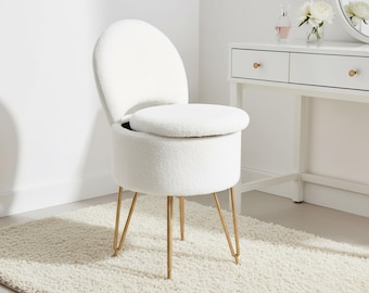 Faux Fur Vanity Stool Chair with Storage – Folding Back Makeup Seat
