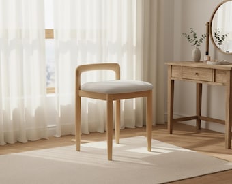 Natural Beech Wood Vanity Stool, Upholstered Cushion Accent Chair