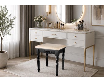Oak Wood Vanity Stool, Modern Concave Seat Makeup Chair, Easy Assembly