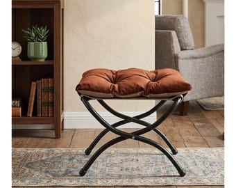 Foldable Ottoman Foot Stool, Upholstered Metal Frame Footrest, Washable Compact Seat