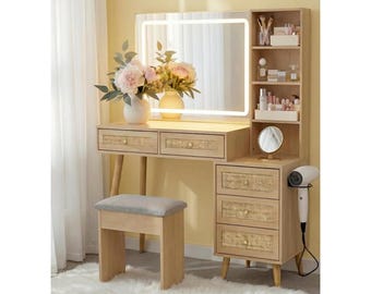 Rattan Makeup Vanity with LED Mirror, Charging Station, 5 Drawers, Stool Included