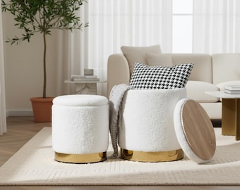 Boucle Ottoman with Storage Set of 2, Round Storage Ottoman Stool, Vanity Stool for Bedroom, White Boucle Foot Stool, Small Coffee Table,