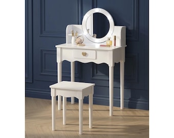 Kids Wooden Vanity Set with Light-Up Mirror and Stool, Princess Dressing Table