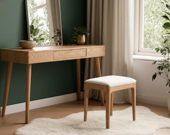 Ash Wood Vanity Stool, Upholstered Modern Dressing Chair, Bedroom Accent Seat