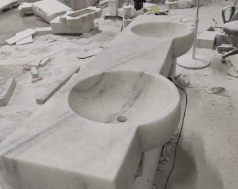 Handgefertigtes Waschbecken aus Carrara-Marmor, An der Wand befestigtes Badezimmer-Waschbecken, Naturstein-Becken, modernes schwimmendes Waschbecken
