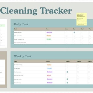 May include: A house cleaning tracker with a light blue and white design. The tracker includes a calendar for January 2020, daily and weekly task lists, and a section for monthly goals. A watercolour illustration of a house is in the upper right corner.