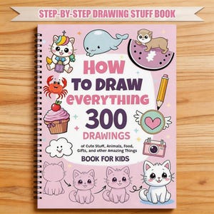 Puede incluir: Un libro en espiral rosa titulado "How to Draw Everything". La portada presenta ilustraciones de dibujos animados de animales y comida. El libro promete 300 dibujos para niños, con instrucciones paso a paso.
