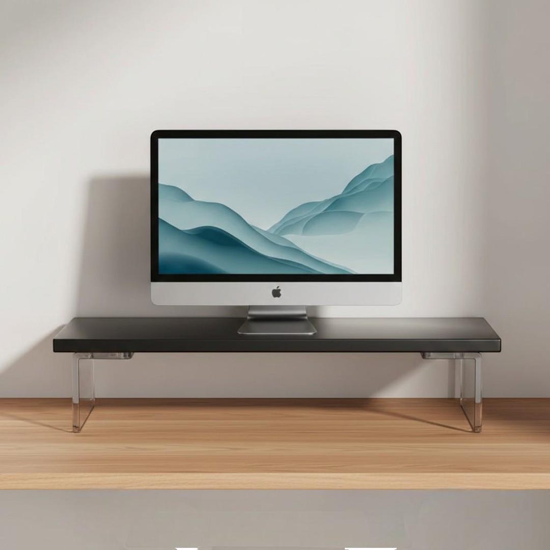 Decorative Monitor Risers Black Wooden Monitor Stand Riser – Minimalist Desk Organizer & Screen ...