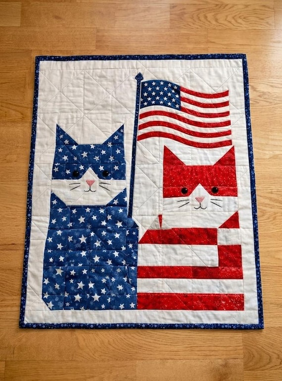 Flagpole Friends 3238D - Patriotic Cat Quilt Pattern Paper Copy, American Flag Cat Wall Hanging, Easy Beginner 4th of July Quilt