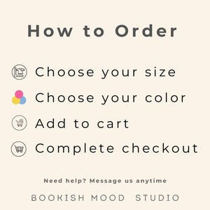 May include: Cream-colored graphic with the text "How to Order" and instructions: Choose your size, choose your color, add to cart, and complete checkout. The text "Need help? Message us anytime" is also included.