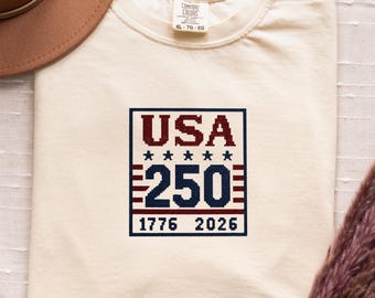 USA 250 geborduurd shirt comfortkleuren 1717, America 250 T-shirt, shirt patriottisch borduursel, 4 juli vintage USA shirt