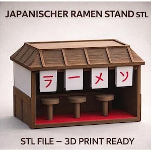 Könnte beinhalten: Ein Miniatur-Ramen-Stand aus Holz mit braunem Dach und Wänden, weißen Seitenteilen und rotem Teppich. Der Stand verfügt über drei kleine Hocker und hängende Schilder mit japanischen Schriftzeichen. Der Text auf dem Bild lautet "JAPANISCHER RAMEN STAND STL" und "STL FILE - 3D PRINT READY."
