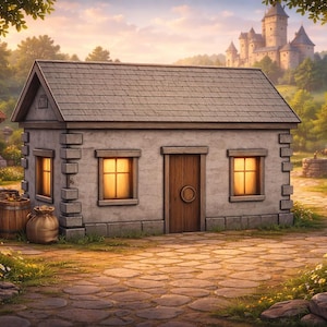 May include: A quaint stone cottage with a gray tiled roof, two windows, and a wooden door. The scene is set in a medieval village with a castle in the background, surrounded by lush greenery and a cobblestone path.