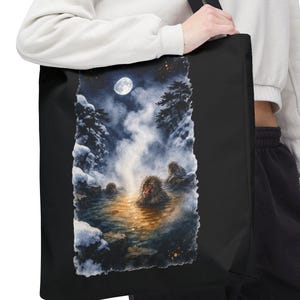 Jigokudani Snow Monkey Group Tote Bag | Japanese Onsen Night Scene | Winter Moon Nagano Art | Japan Nature Gift
