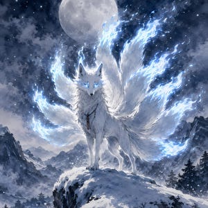 Può includere: Un'illustrazione digitale di una volpe bianca a nove code con occhi blu luminosi e pelliccia bordata da eteree fiamme blu. La creatura si erge su una vetta innevata sotto una luna piena in un cielo notturno stellato e scuro.