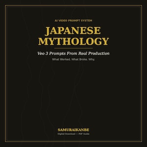 以下が含まれることがあります： AI VIDEO PROMPT SYSTEM、JAPANESE MYTHOLOGY、Veo 3 Prompts From Real Production、What Worked, What Broke, Why、SAMURAIKANBE、Digital Download - PDF Guideという金色の文字が書かれた黒いデジタルドキュメントの表紙で、細い線が引かれています。