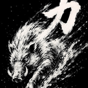 May include: A black and white ink-style illustration of a charging wild boar with sharp tusks. The artwork features a dynamic, brush-stroke effect and includes the Japanese kanji character for strength, 力, above the boar and a red seal with the character 侍 in the corner.