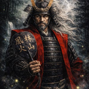 Puede incluir: Ilustración digital de un guerrero samurái con armadura completa, sosteniendo un abanico con caracteres japoneses. El guerrero lleva un casco con detalles dorados y una capa roja. El fondo presenta un bosque y relámpagos.