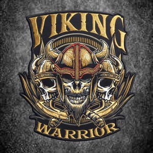 Stor broderad vikingakrigarlapp, gotisk dödskalledesign (13 tum)