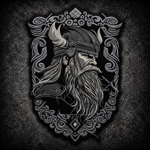 May include: An embroidered patch featuring a profile view of a bearded warrior wearing a horned helmet, set within an ornate, swirling border. The design uses shades of grey, silver, and black to create a detailed, textured illustration.