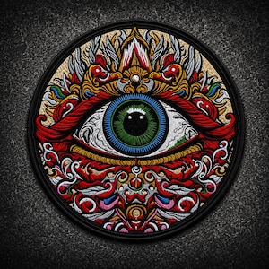 May include: A circular embroidered patch featuring a central green eye surrounded by intricate, symmetrical patterns in red, gold, white, and blue thread. The design includes ornate, swirling decorative elements and a thick black border.