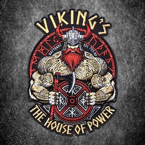 May include: A circular embroidered patch featuring a muscular Viking with a red beard, horned helmet, and axe. The design includes the text VIKING'S, KATTEGAT, EST. 793 AD, and THE HOUSE OF POWER, set against a black background with red and gold accents.