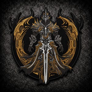 May include: A circular embroidered patch featuring a central armored figure in black, white, and gold thread. The figure wears intricate plate armor and holds a long, pointed sword. The design is framed by curved, wing-like golden motifs.