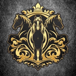 Parche bordado con escudo de tres caballos, diseño ecuestre en negro y dorado (33 cm)