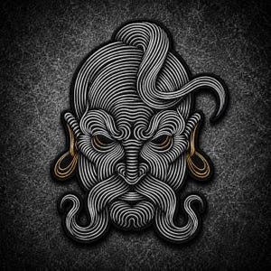 Può includere: Una toppa ricamata raffigurante un volto stilizzato composto da intricate linee bianche su sfondo nero. Il design include uno chignon, lunghi baffi fluenti e ornamenti dorati per le orecchie, creando un ritratto grafico dettagliato.