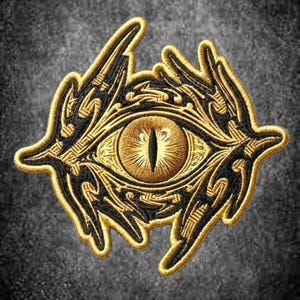 Parche bordado Ojo de Dragón Místico, Parche termoadhesivo dorado y negro, Aplique de fantasía gótica, Parche para chaleco de motociclista, Bordado para chaqueta DIY
