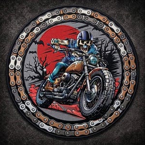 Skeleton Biker Motorcycle Embroidered Patch, 12 Inch Chopper Rider Back Patch
