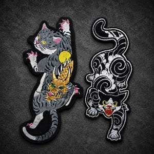 Funny Cat Embroidered Patches, 2 Piece Animal Patch Set, Jacket Vest Backpack Decor
