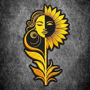 May include: An embroidered patch featuring a split design. One half shows a human face with closed eyes and flowing hair, while the other half depicts a sunflower with yellow petals. The design uses a high-contrast black and gold color scheme.