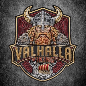 May include: An embroidered patch featuring a Viking warrior with a horned helmet and braided beard. The design includes the text VALHALLA VIKING in gold lettering above a depiction of a longship sailing on stylised waves in red, gold, and grey.