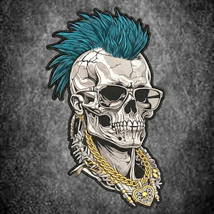May include: An embroidered patch featuring a skull with a bright teal mohawk hairstyle. The skull wears dark-rimmed sunglasses and a thick gold-colored chain necklace with a heart-shaped pendant that displays a small skull icon in the center.