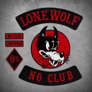 May include: A set of embroidered patches featuring a large circular emblem with a black and white wolf head on a red background, a curved top rocker reading LONE WOLF, a curved bottom rocker reading NO CLUB, and smaller rectangular and diamond patches.