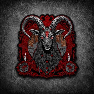May include: A black and red embroidered patch featuring a central goat head with large curved horns, glowing red eyes, and a red circular symbol on its forehead. The design includes intricate red filigree patterns and two small white candles.