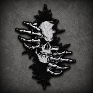 Skeleton Hand Skull Embroidered Patch: Large 12 Inch Gothic Biker Sew-On Jacket Vest