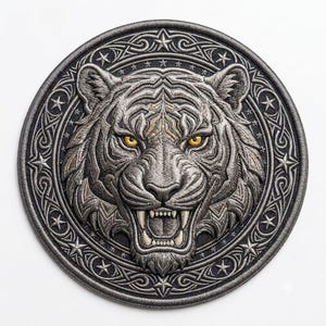 May include: A circular embroidered patch featuring a detailed tiger head with bared teeth and piercing yellow eyes. The design is rendered in shades of grey and silver thread, surrounded by a decorative border of intricate knotwork and small stars.