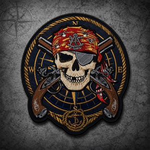 May include: A circular embroidered patch featuring a skull wearing a red bandana with a sextant icon and an eye patch. Behind the skull are two crossed flintlock pistols over a dark blue compass rose with gold lettering N, W, E, S and an anchor.